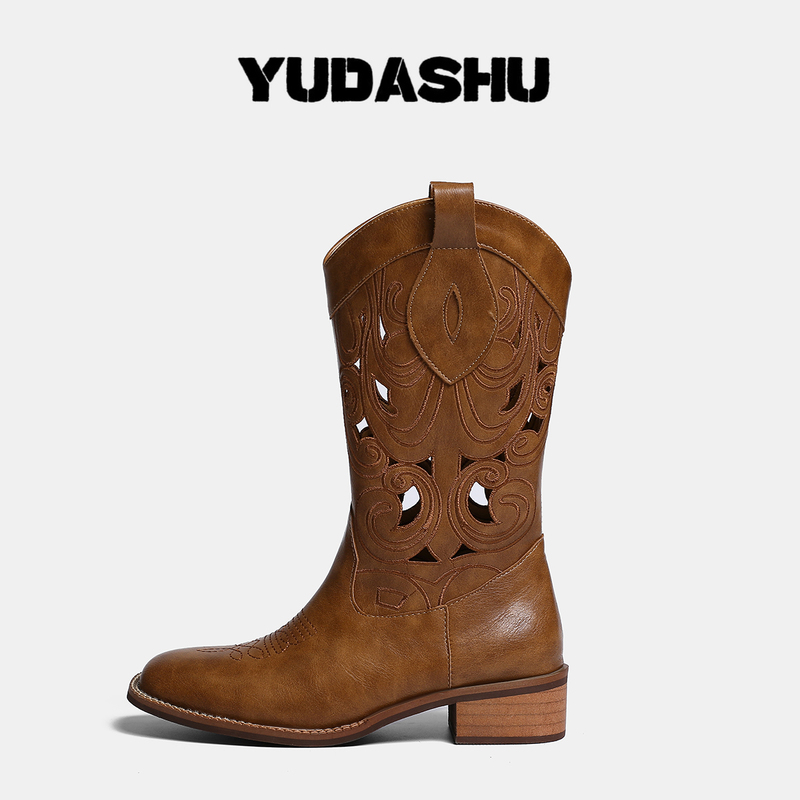 Ethnic Style Western Cowboy Boots for Women 2026 New Brown Xinjiang Boots Retro Embroidered Hollow Thick Heel Knight Boots