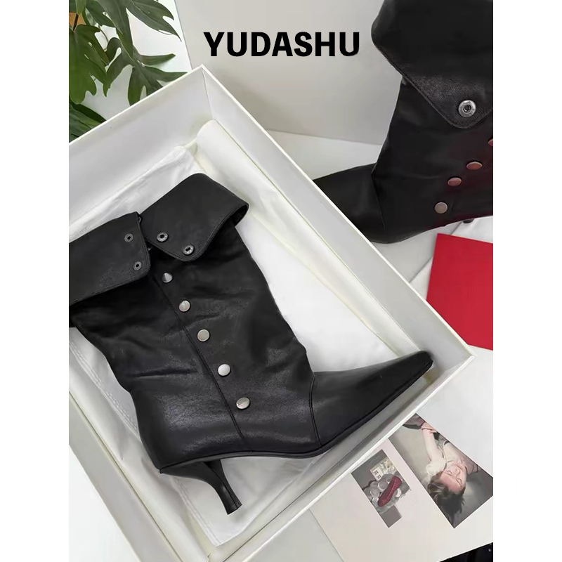 Genuine Leather ~ Wu Xuan Yi's Same Style Boots, Foldable Studded Pointed-Toe Black Riding Boots for Women, Vintage Stiletto Long Boots