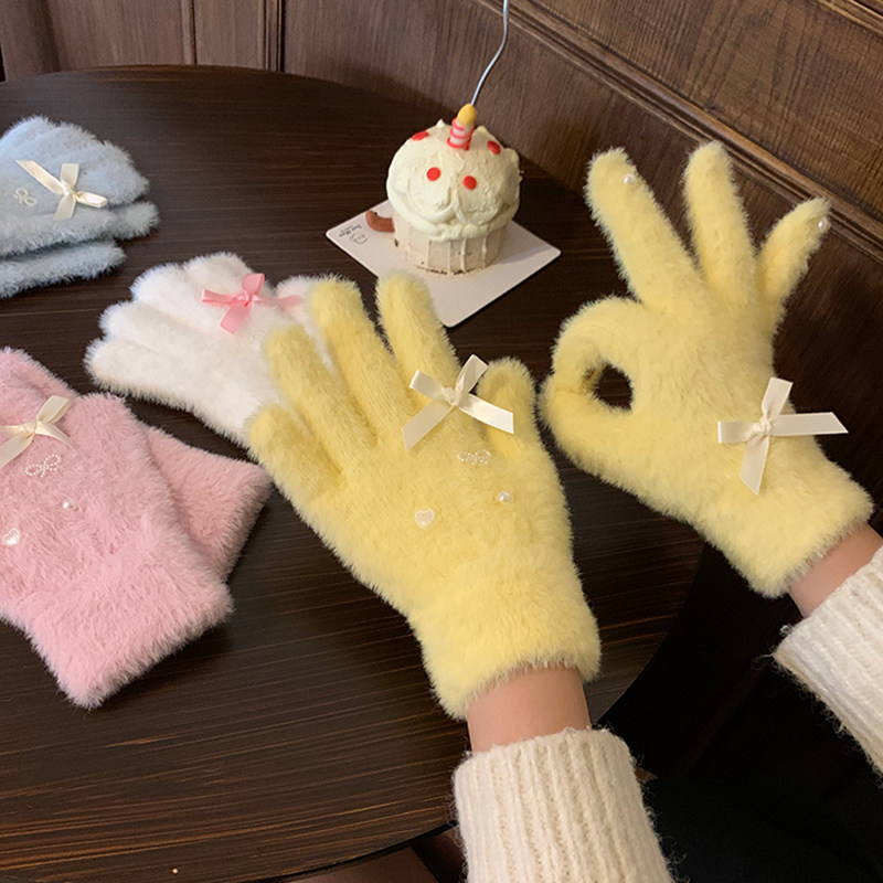 Women's 2025 Winter Warm, Thick, Soft and Comfortable Gloves with Bowknot and Furry Pearls for Students and Cycling