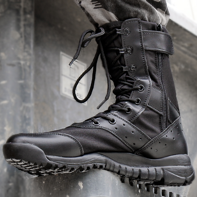 Men's Combat Boots with Side Zipper, Tactical Training Shoes, Breathable High-Top Security Boots, Ultra-Light Combat Training, Security Inspection, Outdoor Spring and Summer Military Enthusiasts
