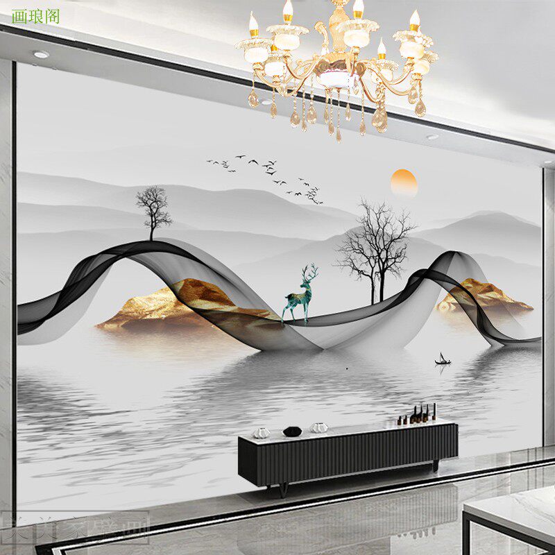 3d new Chinese style bamboo and wood fiber integrated wall panel TV background wall abstract landscape painting ink line decorative guard board