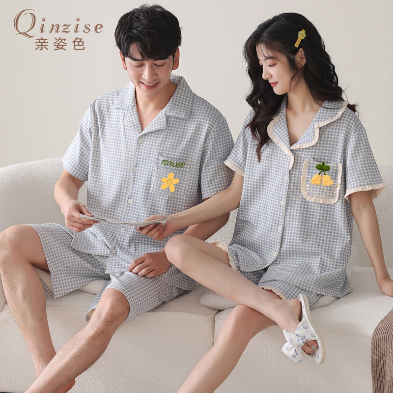Couple's Pajamas for Women, Summer Pure Cotton Short-Sleeved Shorts, High-End Cardigan, Large Size, Men Can Wear Outside, Home Wear Set