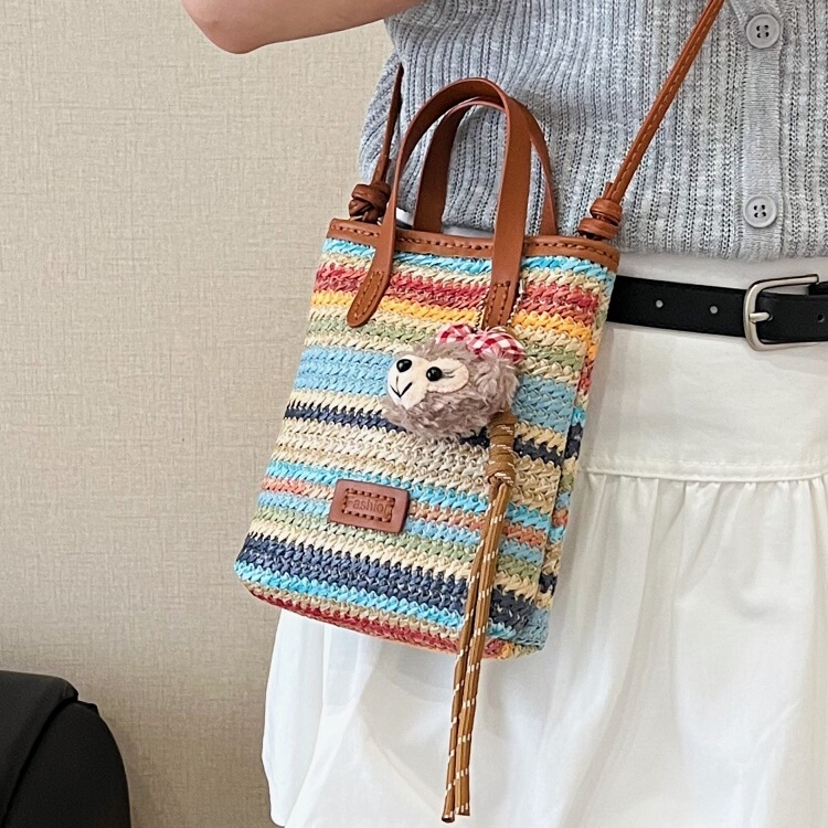 New Handmade DIY Rainbow Straw Mobile Phone Bag Summer Women's High-End Niche Crossbody Popular Team Building Hand-Sewn Coin Purse