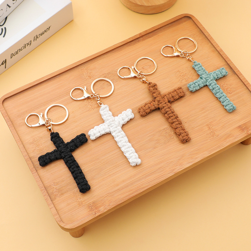 Bohemian Style Hand-Woven Cross Keychain Car Accessory Soft Cross Pendant Bag Hanging Gift