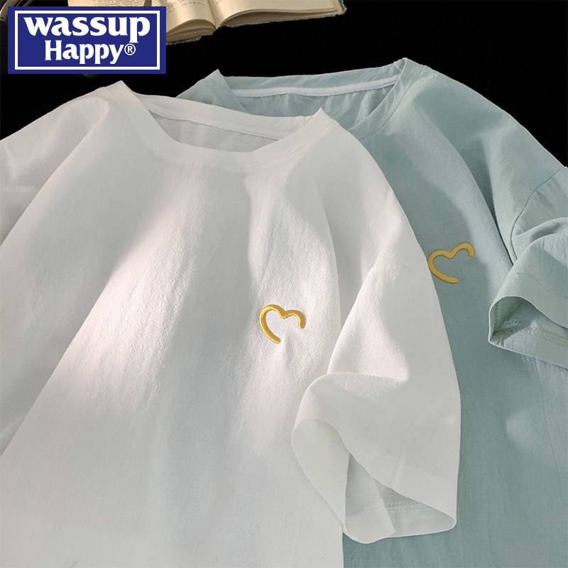 Wassup Happ Love Embroidered Linen Short sleeved T-shirt for Men in Summer, Thin Ice Silk Casual Couple, Loose Half Sleeve