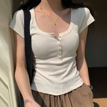 Thread cotton button T-shirt female short sleeve 2024 Summer New paragraph Square collar 100 lap outside wearing a skinny blouse with a base shirt