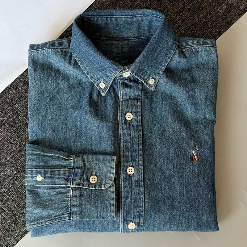 rl American high-end denim shirts for both men and women, new Spring and autumn retro college style ready-to-wear washable loose shirts