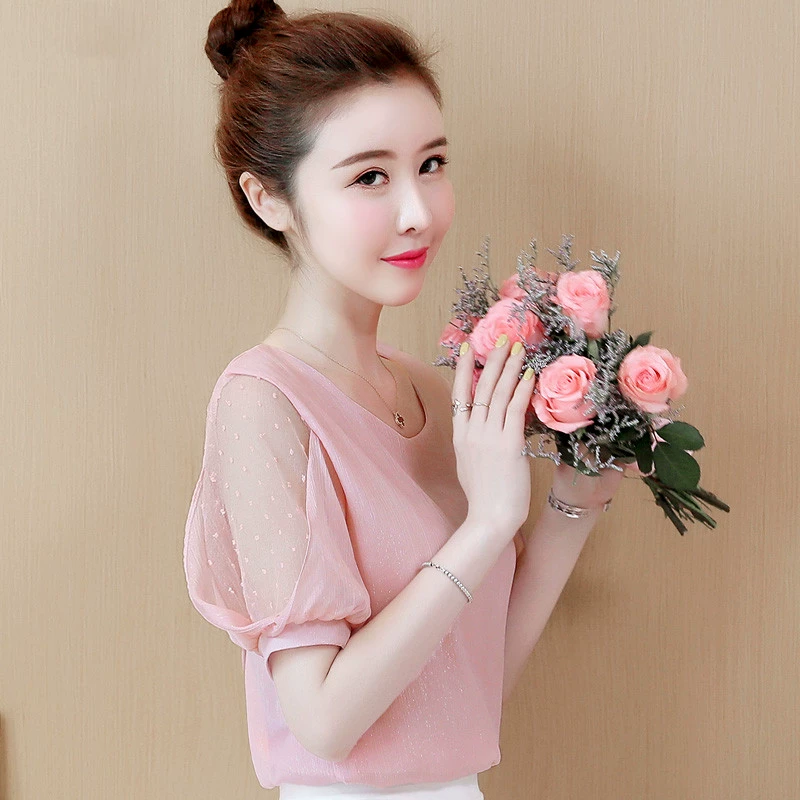 Váy mới mùa hè năm 2021 của phụ nữ áo sơ mi voan che bụng của phụ nữ ngắn tay lưới gạc áo sơ mi ren mỏng là áo rất tiên - Áo sơ mi chiffon ren
