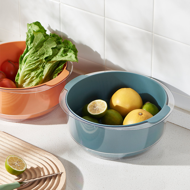 Net red washing basin transparent PET draining basket kitchen double-layer washing basket washing fruit artifact Amoy vegetable basin fruit plate