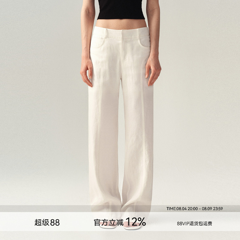 Ayo'Linen Blend' Relaxed Straight-Line Segmented Casual Pants for Women, French-Style Draped Wide-Leg Trousers