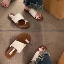 2024 Korean chic small crowdlined slippers female outside wearing 2024 Summer new white flat bottom Rome