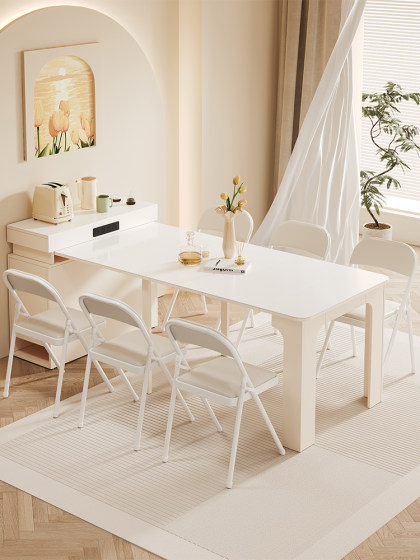 奶油风岛台岩板餐桌家用2025新款现代简约小户型客厅伸缩折叠饭桌