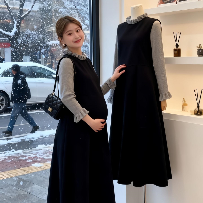 Maternity Wear Autumn and Winter Style Long-Sleeved Ruffled Top Paired with a Loose Tank Dress, Lazy Style 2025 New Two-Piece Set