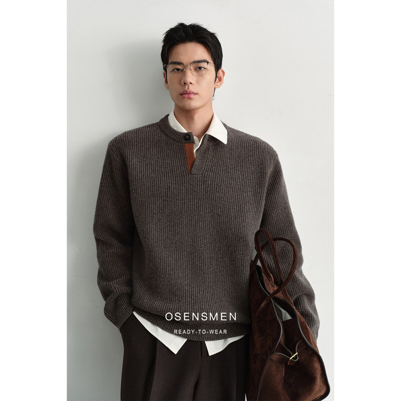 Osensmen Selects Merino Wool Speckled Yarn in a Old Money Style with Contrasting Colors, Henley Collar Wool Sweater, V-Neck Sweater Osensmen Selects Merino Wool Speckled Yarn in a Old Money Style with Contrasting Colors, Henley Collar Wool Sweater, V-Neck Sweater