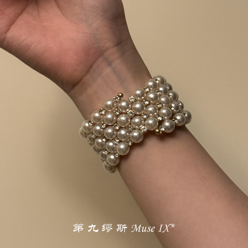【Ninth Muse】Medieval-Style Multi-Layered Pearl and Rhinestone Wide Bracelet with Open Design, French Retro Niche Design Jewelry