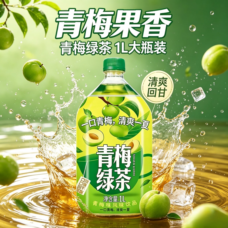 Green Plum Green Tea 1L Large Bottle, Refreshing and Sweet Without Being Too Greasy, Summer Anti-Greasy Flavored Tea Drink, Thirst-Quenching Beverage