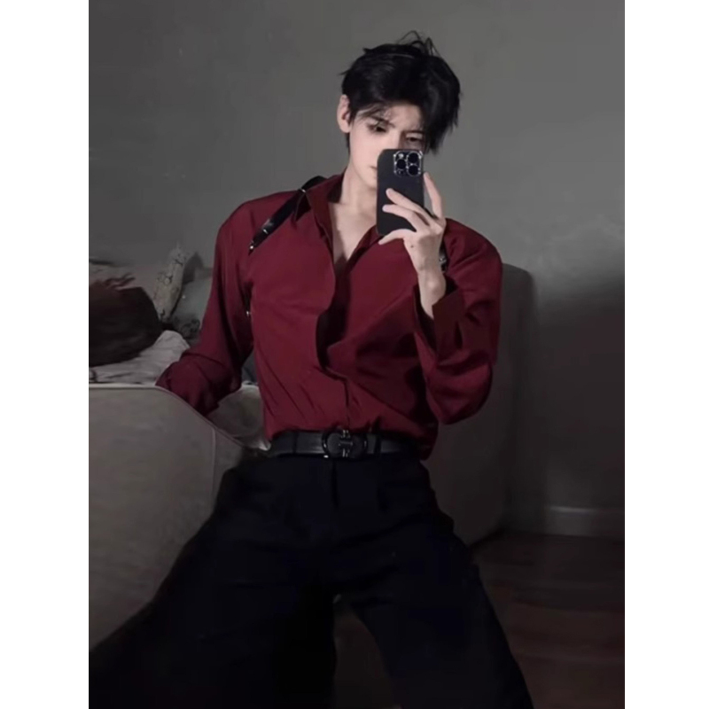 High-End, Understated, and Stylish Burgundy Shirt for Men, Long-Sleeved, Suitable for Spring and Autumn, Can Be Worn as an Inner Layer or as a Jacket
