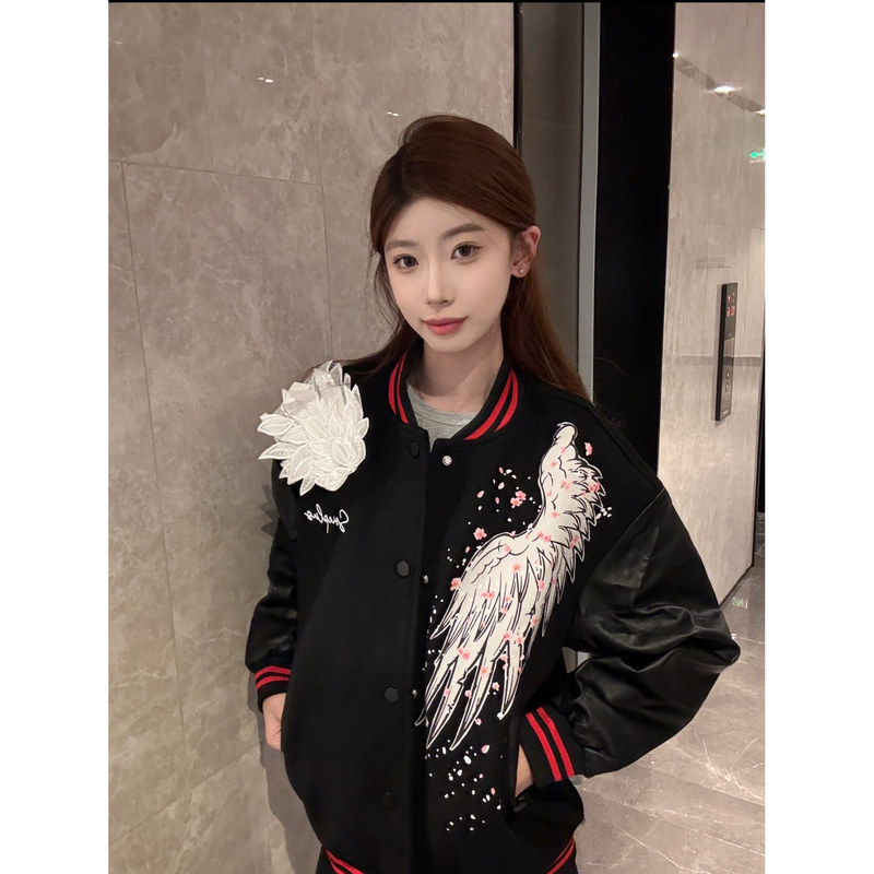 High Street American Style Three-Dimensional Feather Wing Heavy Baseball Jacket for Women, Autumn and Winter Trendy Brand, College Style Couple Jacket