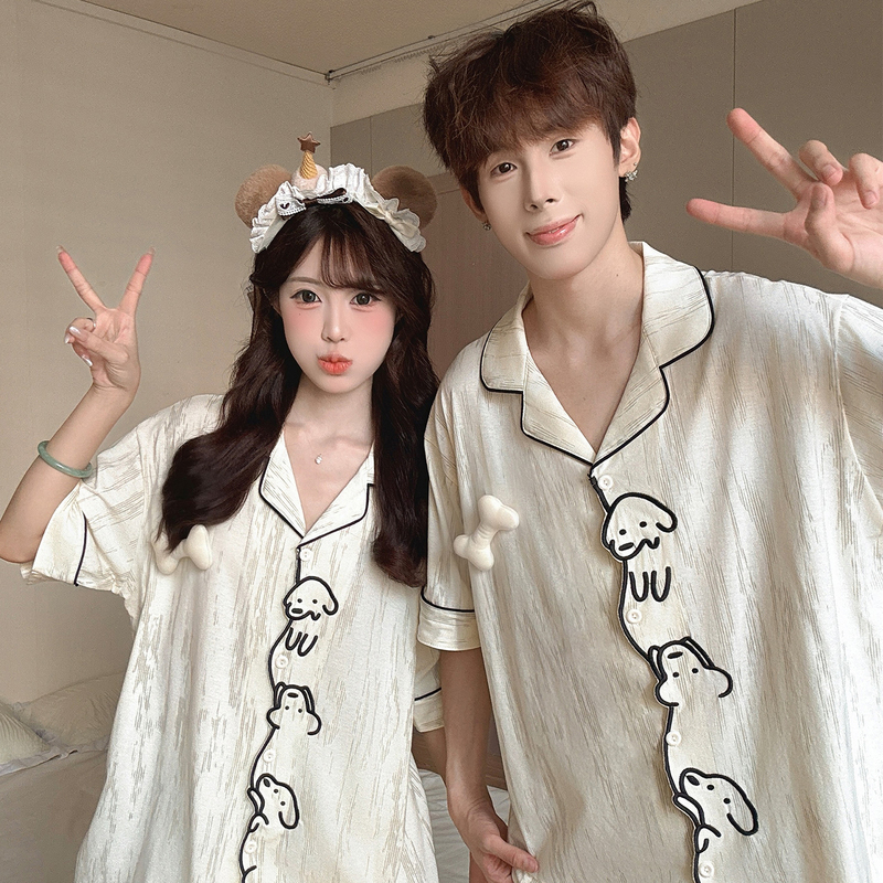 Cartoon Cute Puppy Couple Pajamas for Women, Short-Sleeved Pure Cotton Summer Men's Plus Size Boys' Home Wear Set for Summer Cartoon Cute Puppy Couple Pajamas for Women, Short-Sleeved Pure Cotton Summer Men's Plus Size Boys' Home Wear Set for Summer