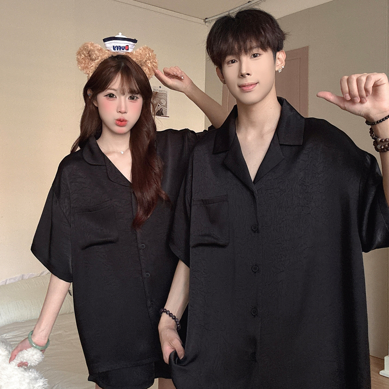 2026 New Minimalist Style Ice Silk Solid Color Couple Pajamas Women's Short-Sleeved Silk Black Loungewear Men's Set