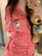 Roter Hello Kitty-Karo-Pyjama für Damen, Frühling und Herbst, Eisseide, kurzärmelige Hose, dreiteilig, Heimkleidung, Sommer