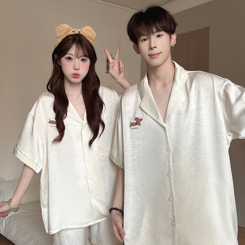 High-End Satin Ice Silk Couple Pajamas Women's Short-Sleeved Cute Puppy Men's Silk Home Wear Set Summer