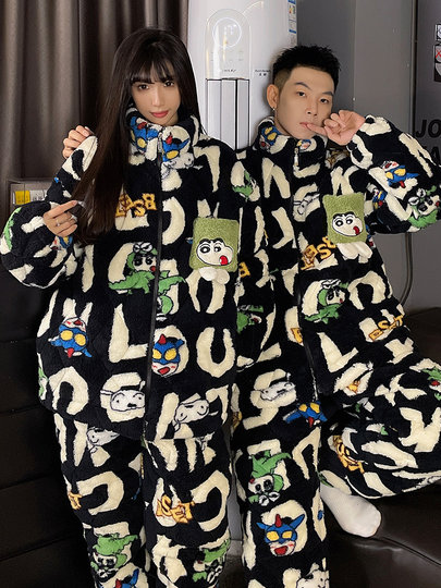 Crayon Shin-Chan Couple Pajamas for Women, Autumn and Winter, Three-Layer Quilted Coral Fleece, Thickened Men's Loungewear, Hunan Province Clothing
