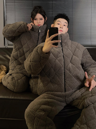 情侣睡衣女冬季三层加厚夹棉可外穿珊瑚绒保暖男士家居服湖南省服