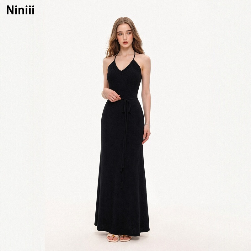 Niniii Black Halter Neck Long Dress for Women, Waist-Cinching Tie V-Neck Knit Dress, Elegant and Slimming Long Dress