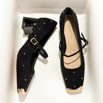 Elegant French-Style Black Versatile Square-Toe Single-Strap Shoes for Women, 2025 New Model, Everyday Chunky Heel, Comfortable High Heels