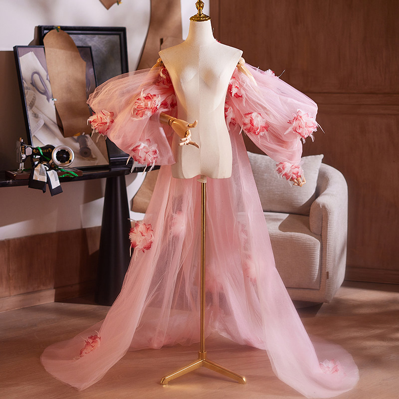 Pink, floor-length, handmade diy floral host gown  a dreamy ethereal look  for the stage!