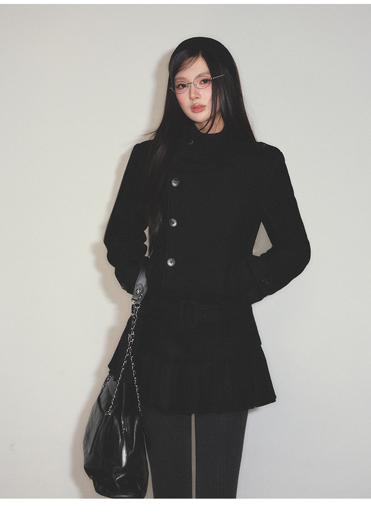 POPWEST Stand Collar Belted Coat And Skirt Set