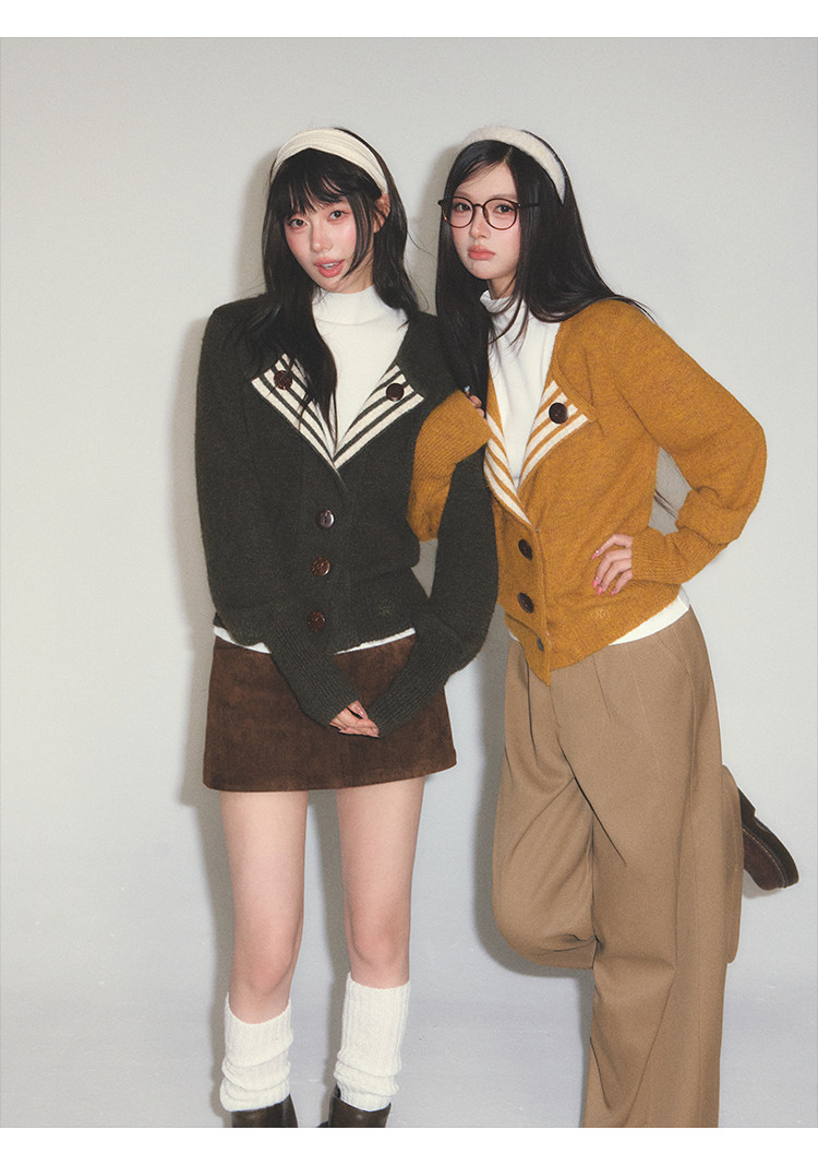 POPWEST Striped V-Neck Cropped Cardigan