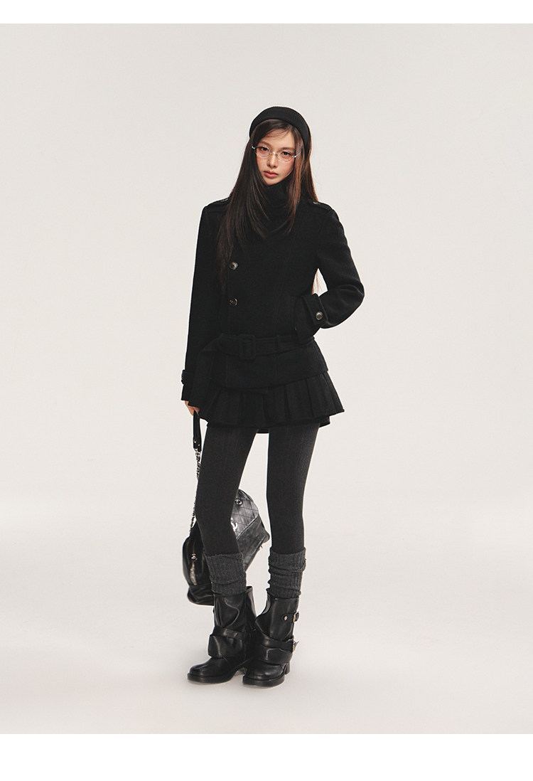 POPWEST Stand Collar Belted Coat And Skirt Set