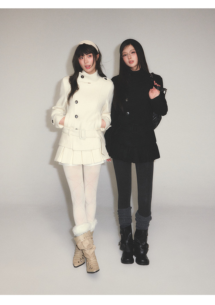 POPWEST Stand Collar Belted Coat And Skirt Set