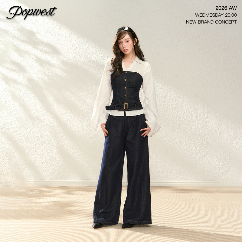 Popwest | Color-Blocked Denim Tube Top, Collared Shirt, Two-Piece Top, Casual Wide-Leg Pants Set Popwest | Color-Blocked Denim Tube Top, Collared Shirt, Two-Piece Top, Casual Wide-Leg Pants Set