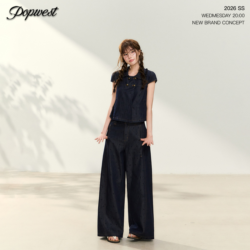 Popwest |   Denim Short-Sleeved Shirt Top T-Shirt Straight-Leg Casual Jeans Wide-Leg Pants Two-Piece Set