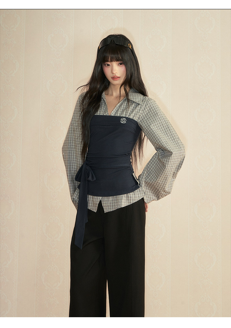 POPWEST Pink Plaid Layered-Look Wide-Leg Pants
