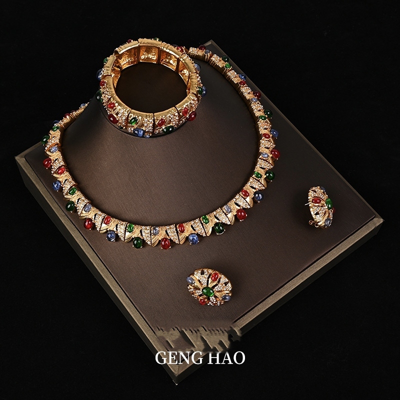 Vintage Retro Copper Inlaid Rhinestone Colorful Necklace, Earrings, Bracelet, Fashionable Light Luxury Elegant and Unique Set Vintage Retro Copper Inlaid Rhinestone Colorful Necklace, Earrings, Bracelet, Fashionable Light Luxury Elegant and Unique Set