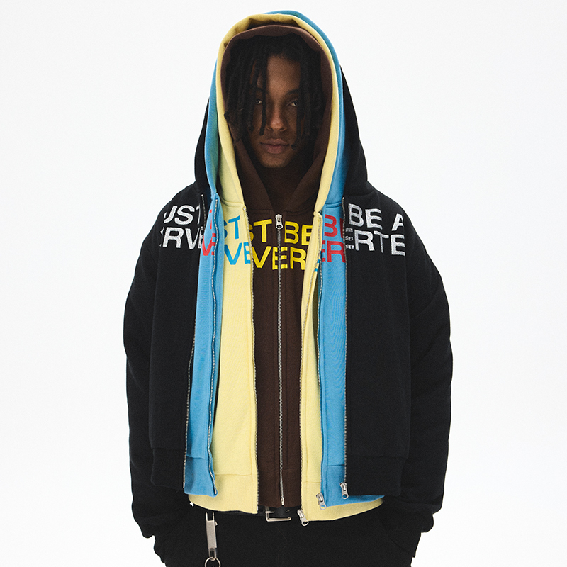 Cricle Cage Ring Hole Letter Print Jigsaw Puzzle Style Hooded Zip-Up Autumn and Winter Fleece-Lined Long-Sleeve Sweatshirt