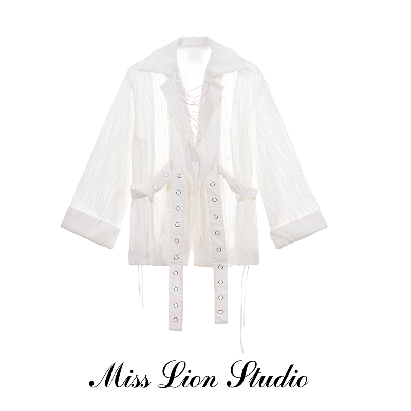Lace-Up Pleated Textured Niche New Shirt for Women 2026 Spring and Autumn Vintage Loose Lace Patchwork Jacket