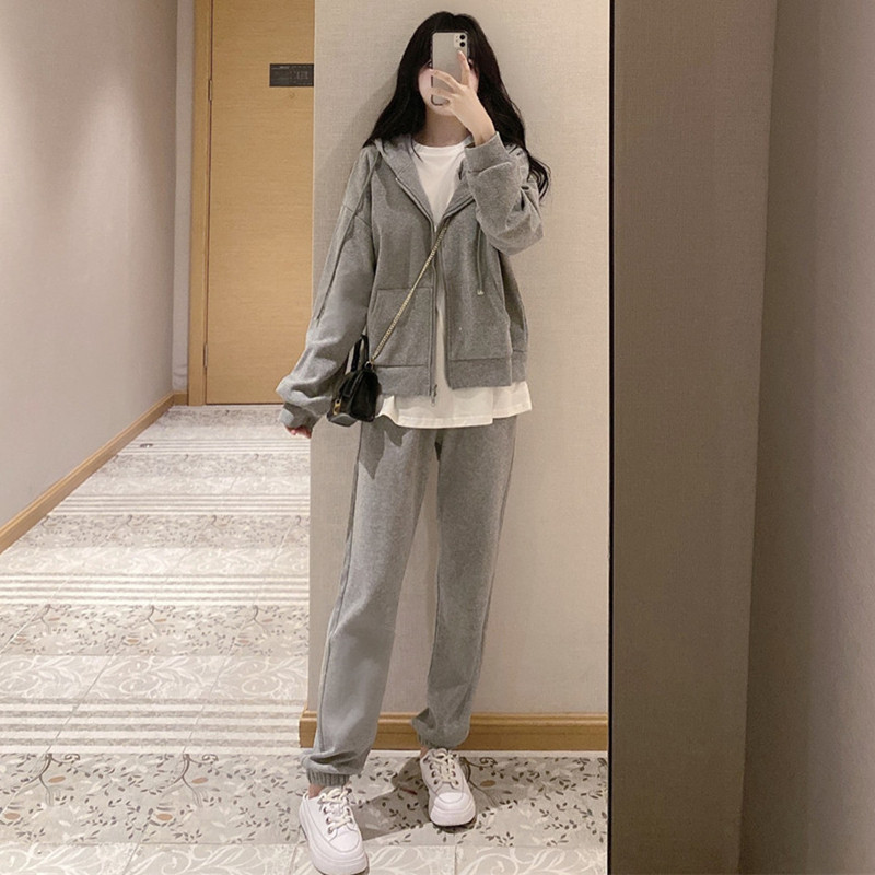 Sports suit female spring student Korean version loose large size slim fashion hooded sweater leisure two-piece set net red
