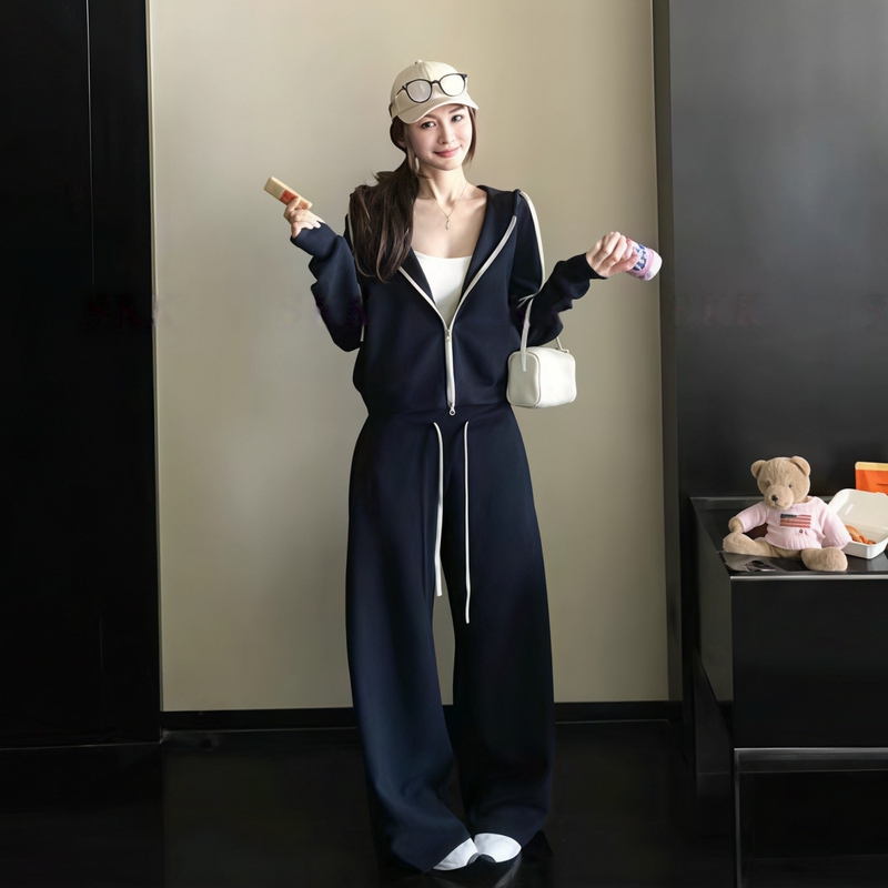 Autumn New Casual Suit for Women, Spring Hooded Sweatshirt, Loose and Slimming, Korean Fashion Wide-Leg Pants, Sports Two-Piece Set