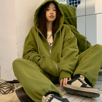 Han Edition Fashion Loose and Lean Leisure Sports Suit Women Spring Autumn Students big code Lianhood Running two sets