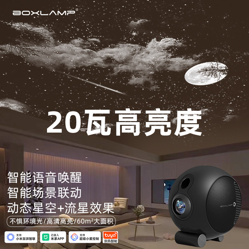 Boxlamp 星空プロジェクターランプ - 寝室やリビングルームに最適な、洗練された月をテーマにしたスマートな星空シーリングライト。インスタ映えする雰囲気のある照明体験を演出します。