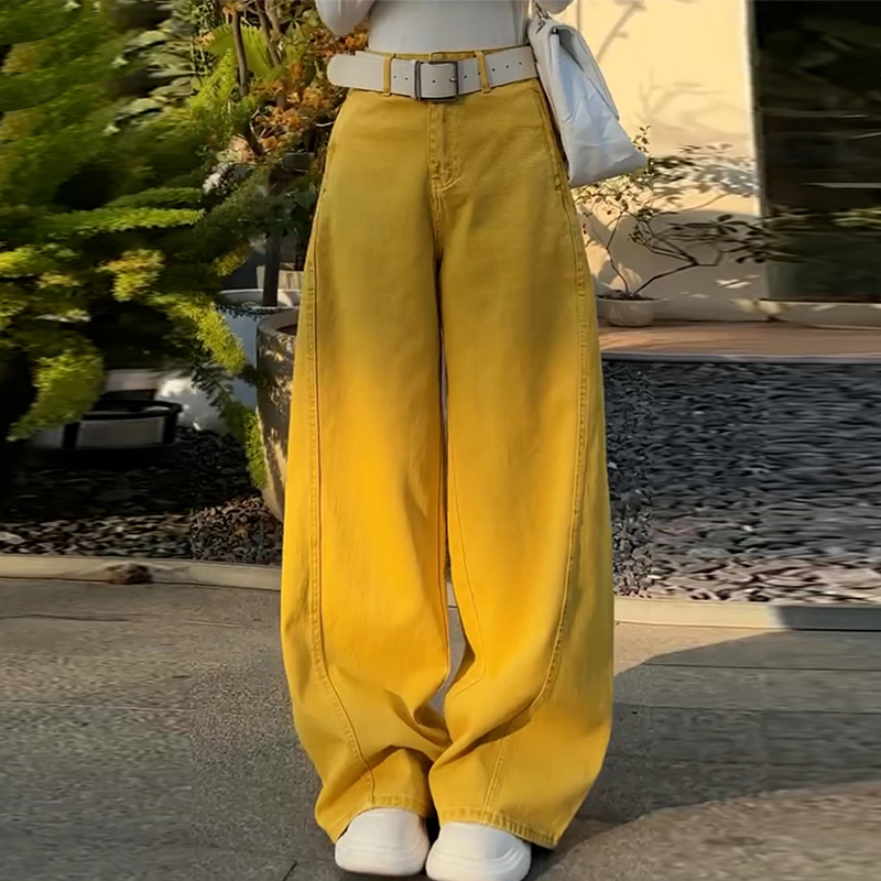 Yellow American-Style Street-Style Curved Hem Jeans for Women, 2026 Spring/Summer Hot-Selling Casual High-Waisted Loose Floor-Length Casual Pants