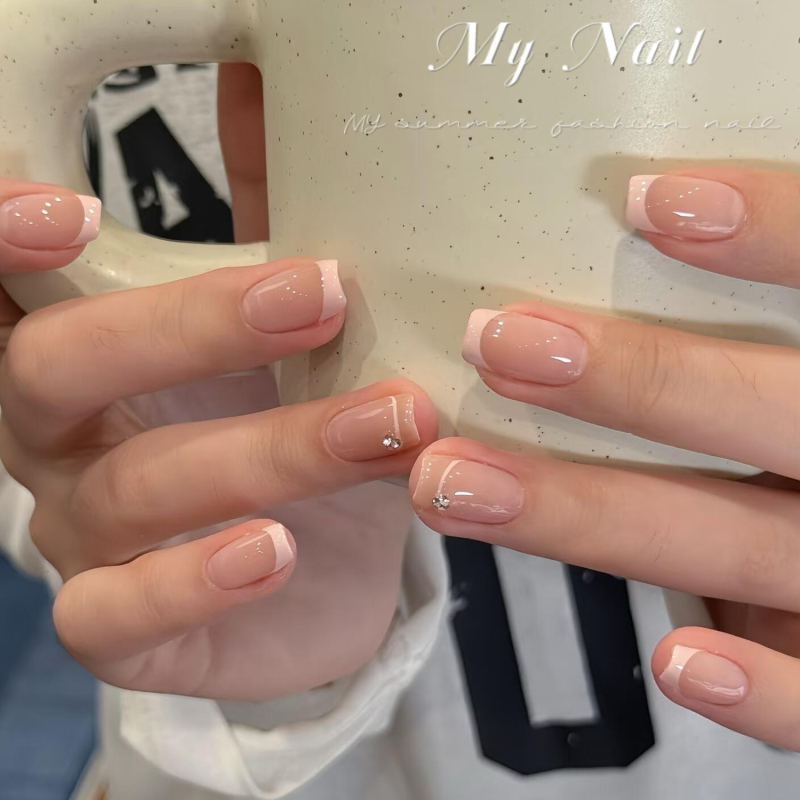 My Handmade Nails, Crushed Diamond Powder, Simple Short French Style Press-On Nails, ins Pink Girly Detachable Nails My Handmade Nails, Crushed Diamond Powder, Simple Short French Style Press-On Nails, ins Pink Girly Detachable Nails