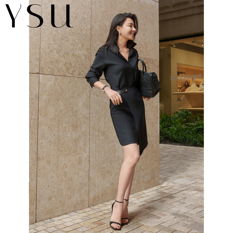 【Ysu】 "Golden Buckle Black Story" Striped Shirt Dress, Waist-Cinching, Versatile Black Commuter Dress Yc2601006