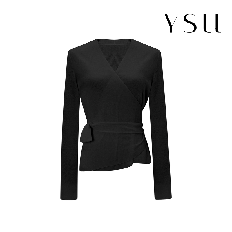 Ysu Cross-Strap Knit Top with a V-Neck, Waist-Cinching, and Asymmetrical Hem, Made of Sheep Wool, Model Yq260822