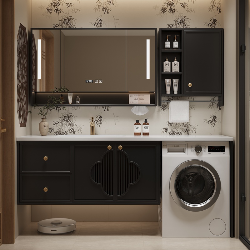 Song's Aesthetic Oak Balcony Washing Machine Integrated Bathroom Cabinet Set with Seamless Rock Slab Countertop